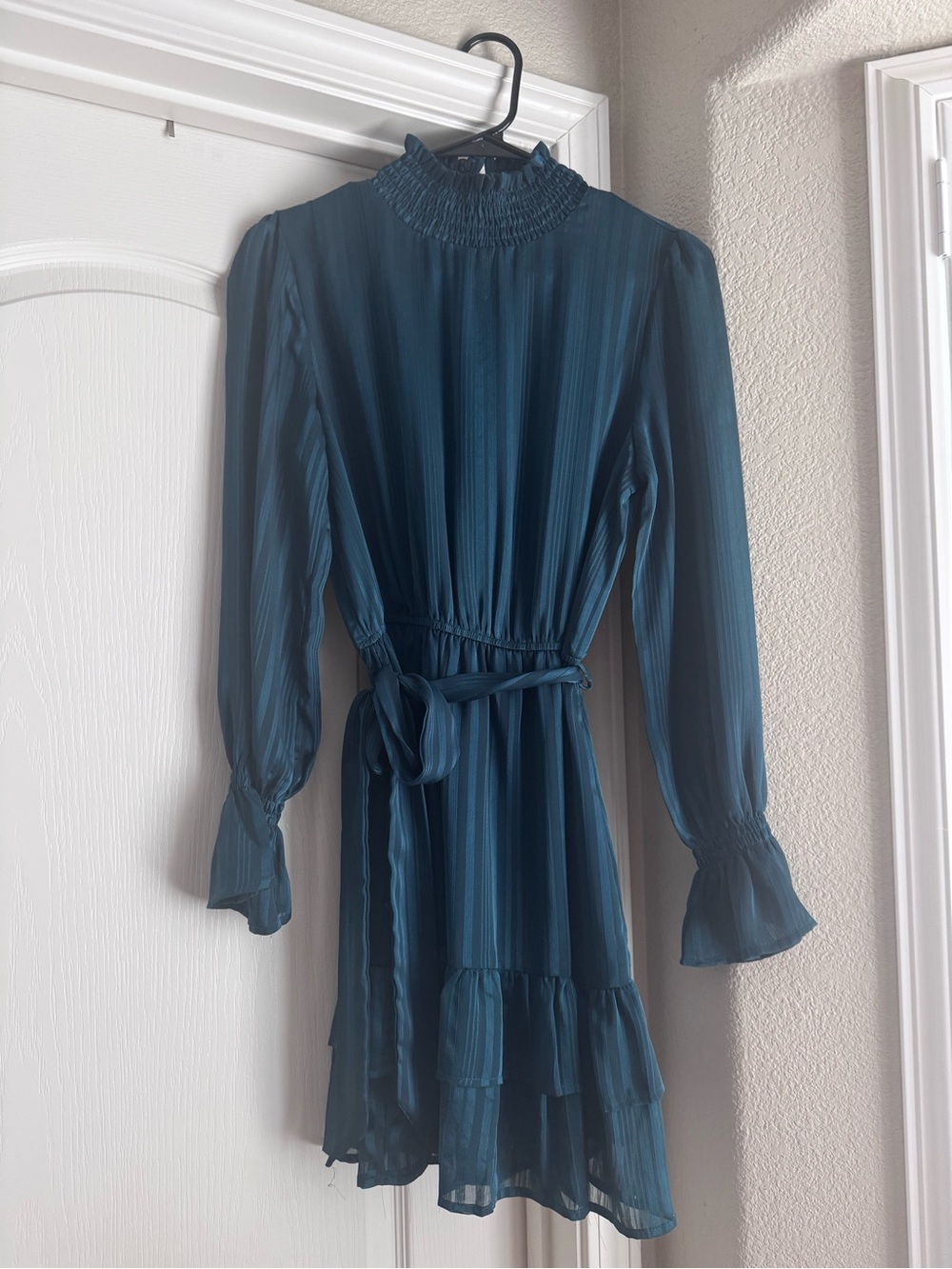 Dress Forum Teal Long-Sleeve Ruffle-Neck Pleated Dress